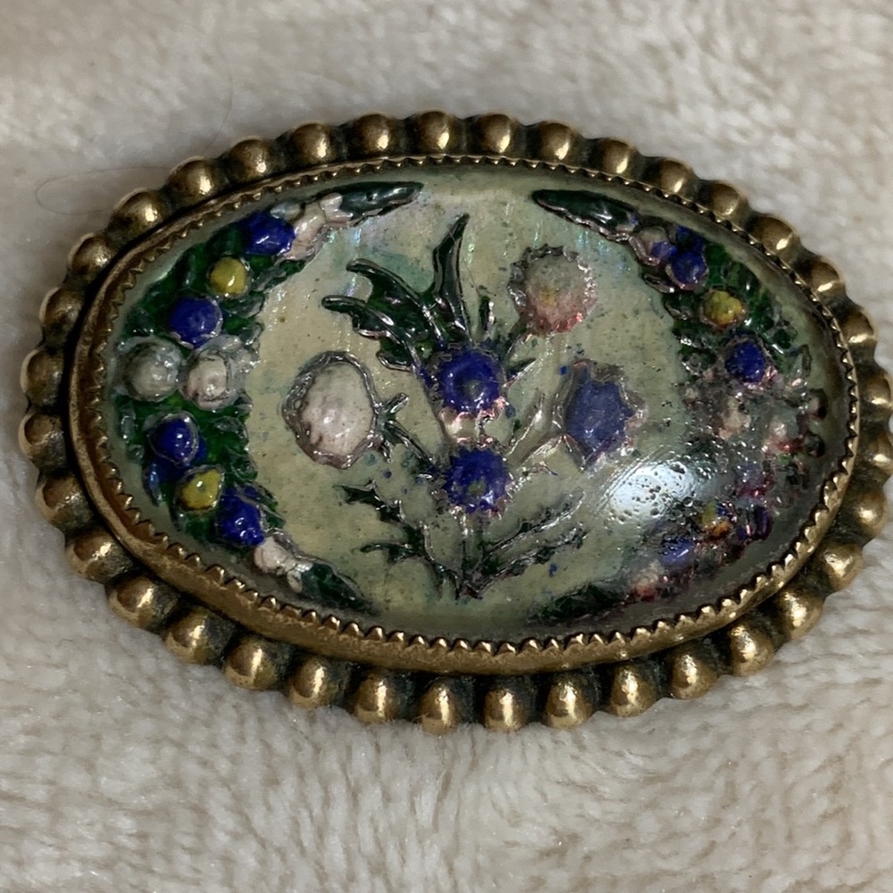 Antique Victorian Floral Goofus Glass MOP Reverse Painted Brooch